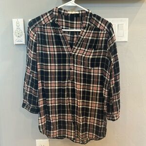fun2fun red, navy and pale pink plaid 3/4 length blouse